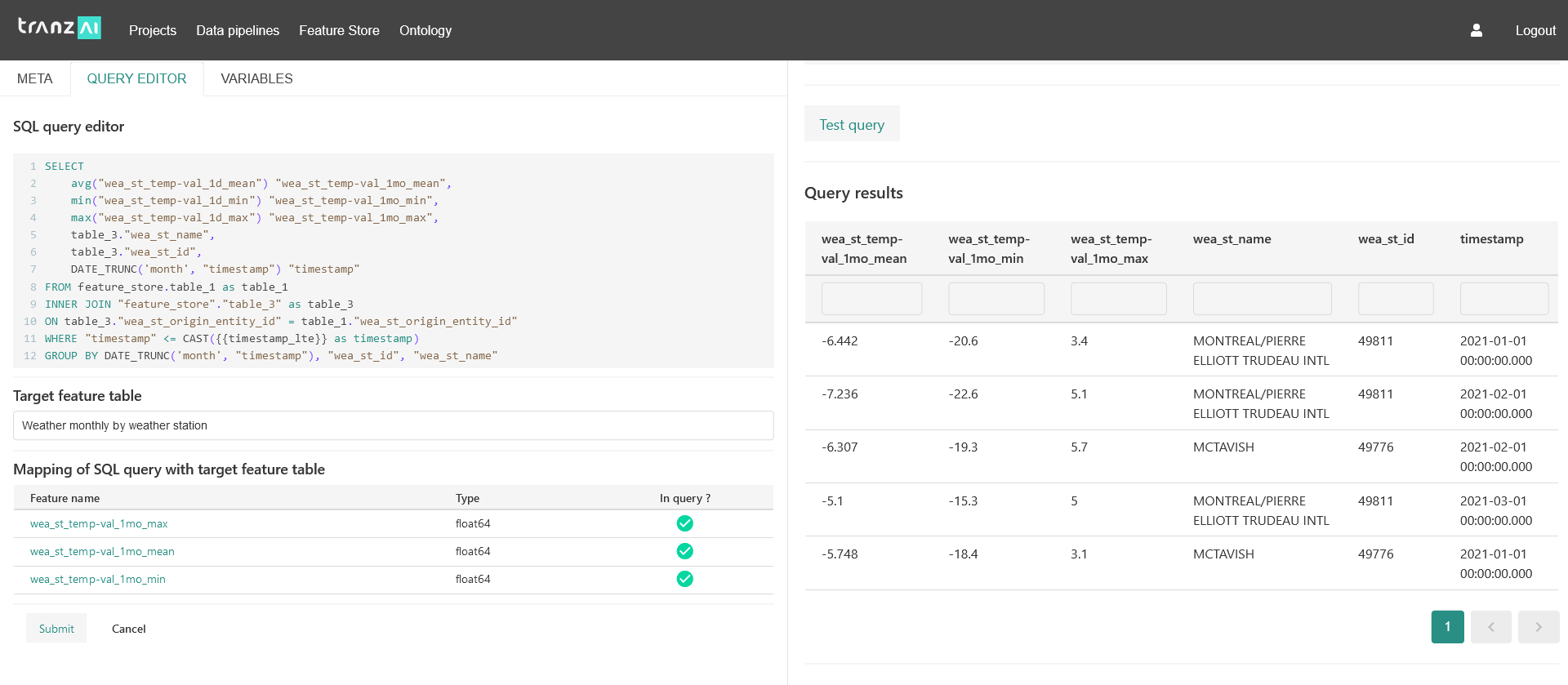 feature extraction pipeline SQL IDE