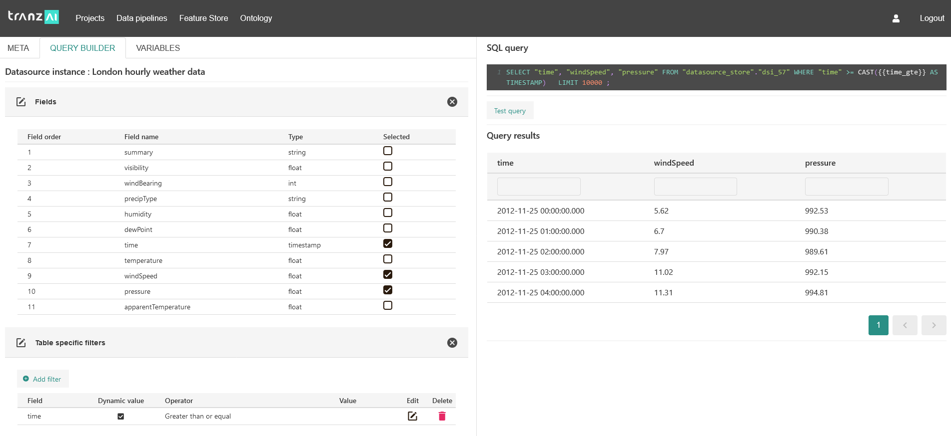 TranzAI SQL query visual editor